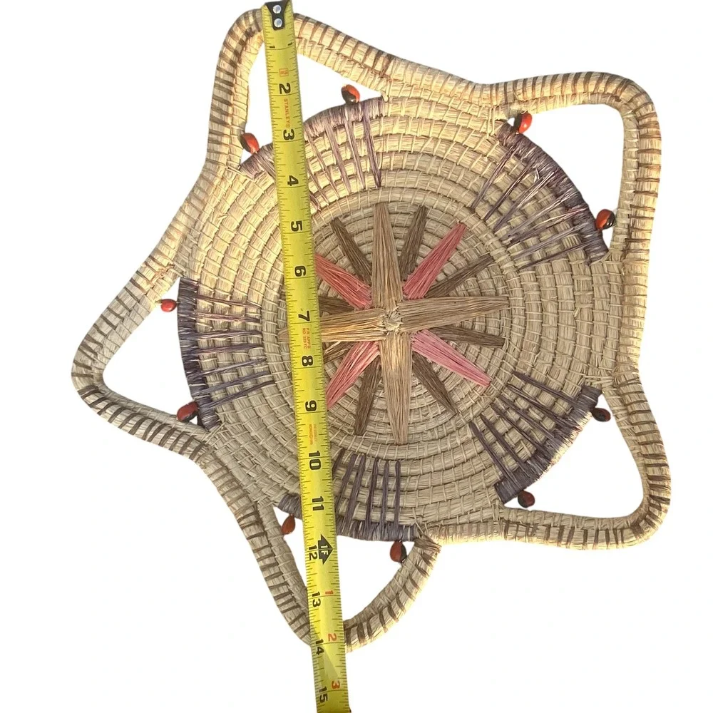 Handcrafted Woven Grass Star Basket Sunburst Wall Decor Boho Fiber Art Beads 14